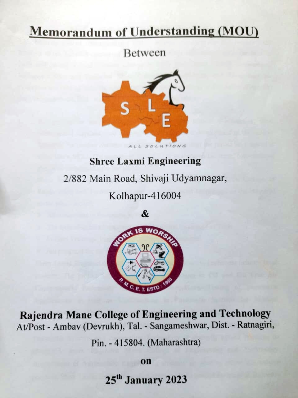 MOU-I, RMCET & SHREE LAXMI ENGINEERING